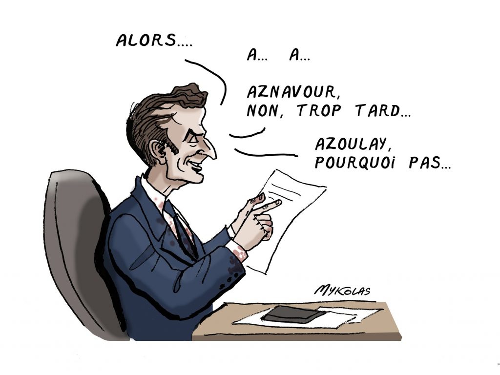 dessin presse humour Emmanuel Macron image drôle premier ministre Audrey Azoulay