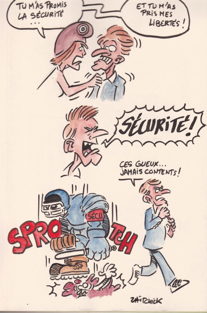 dessin presse humour Emmanuel Macron sécurité image drôle Marianne perte liberté