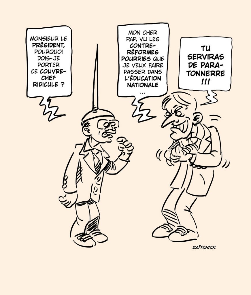 dessin presse humour Emmanuel Macron réformes image drôle Pap Ndiaye paratonnerre