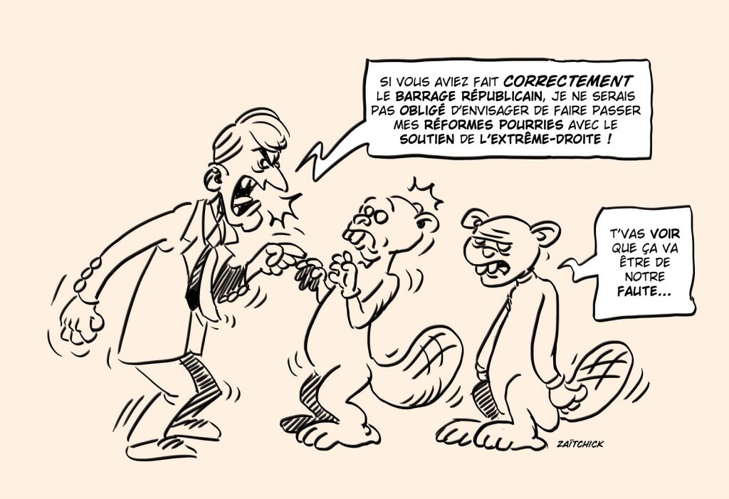 dessin presse humour Emmanuel Macron image drôle castors barrage républicain