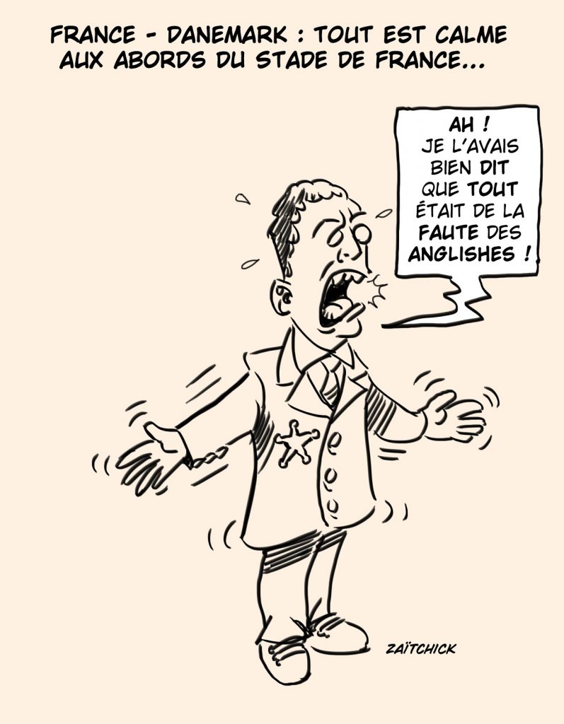 dessin presse humour Stade de France France-Danemark image drôle Gérald Darmanin anglais