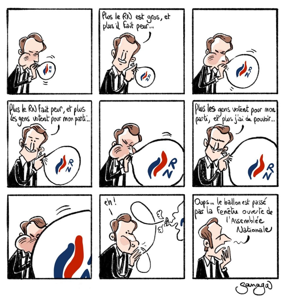 dessin presse humour législatives 2022 Emmanuel Macron image drôle Rassemblement National stratégie peur