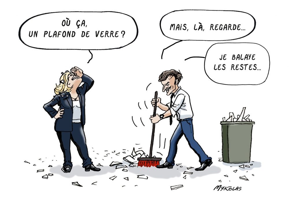 dessin presse humour résultats législatives 2022 Emmanuel Macron image drôle plafond verre Marine Le Pen