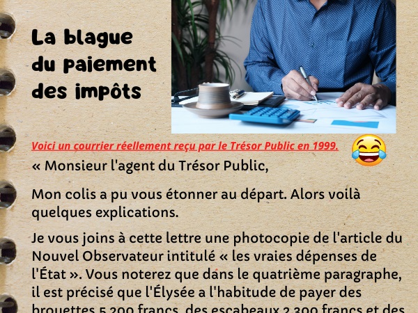 blague Trésor Public, blague impôts, blague prix, blague escabeau, blague marteau, blague dépense, blague brouette, humour drôle