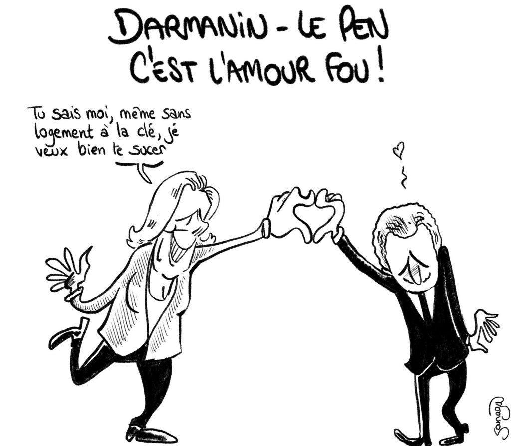 dessin presse humour Marine Le Pen image drôle Gérald Darmanin amour fou