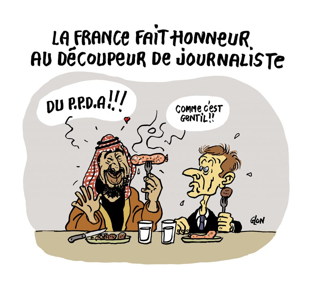 dessin presse humour Emmanuel Macron dîner image drôle Mohammed ben Salmane