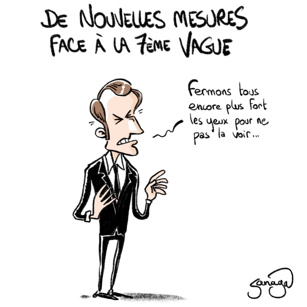 dessin presse humour Emmanuel Macron image drôle septième vague coronavirus