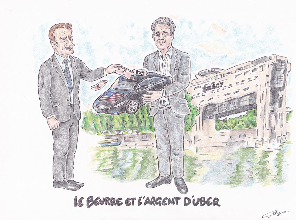 dessin presse humour Emmanuel Macron Travis Kalanick image drôle scandale Uber Files