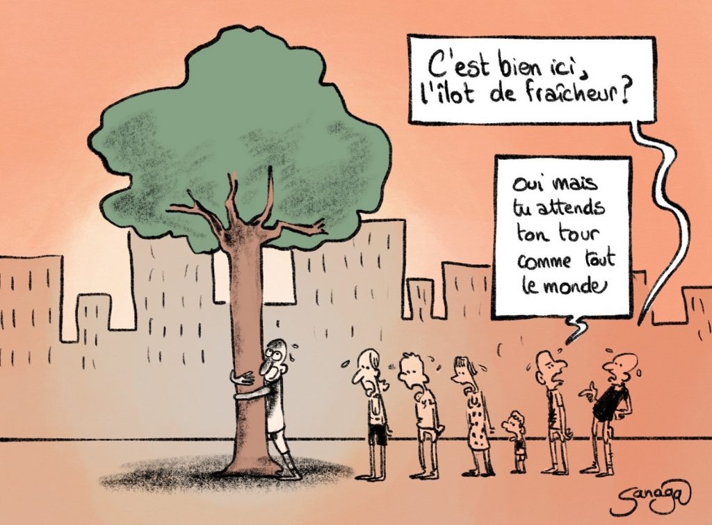 dessin presse humour canicule ville image drôle arbre fraîcheur