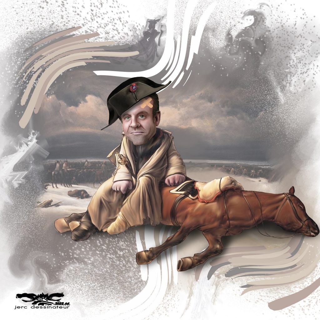 dessin presse humour législatives 2022 Waterloo image drôle Emmanuel Macron Élisabeth Borne
