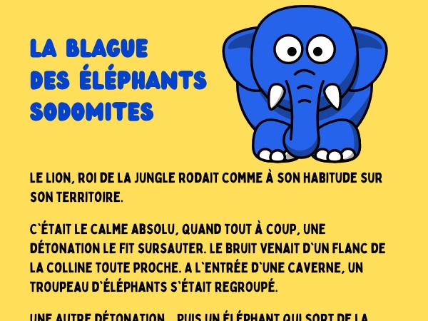 blague pédé, blague lion, blague éléphants, blague singes, blague sodomie, blague explosion, blague enculade, humour drôle