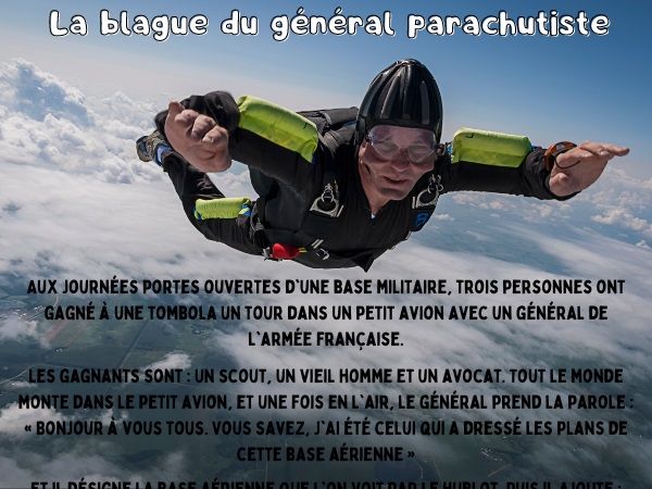 blague général, blague cerveau, blague avion, blague parachute, blague sac à dos, blague base aérienne, humour drôle