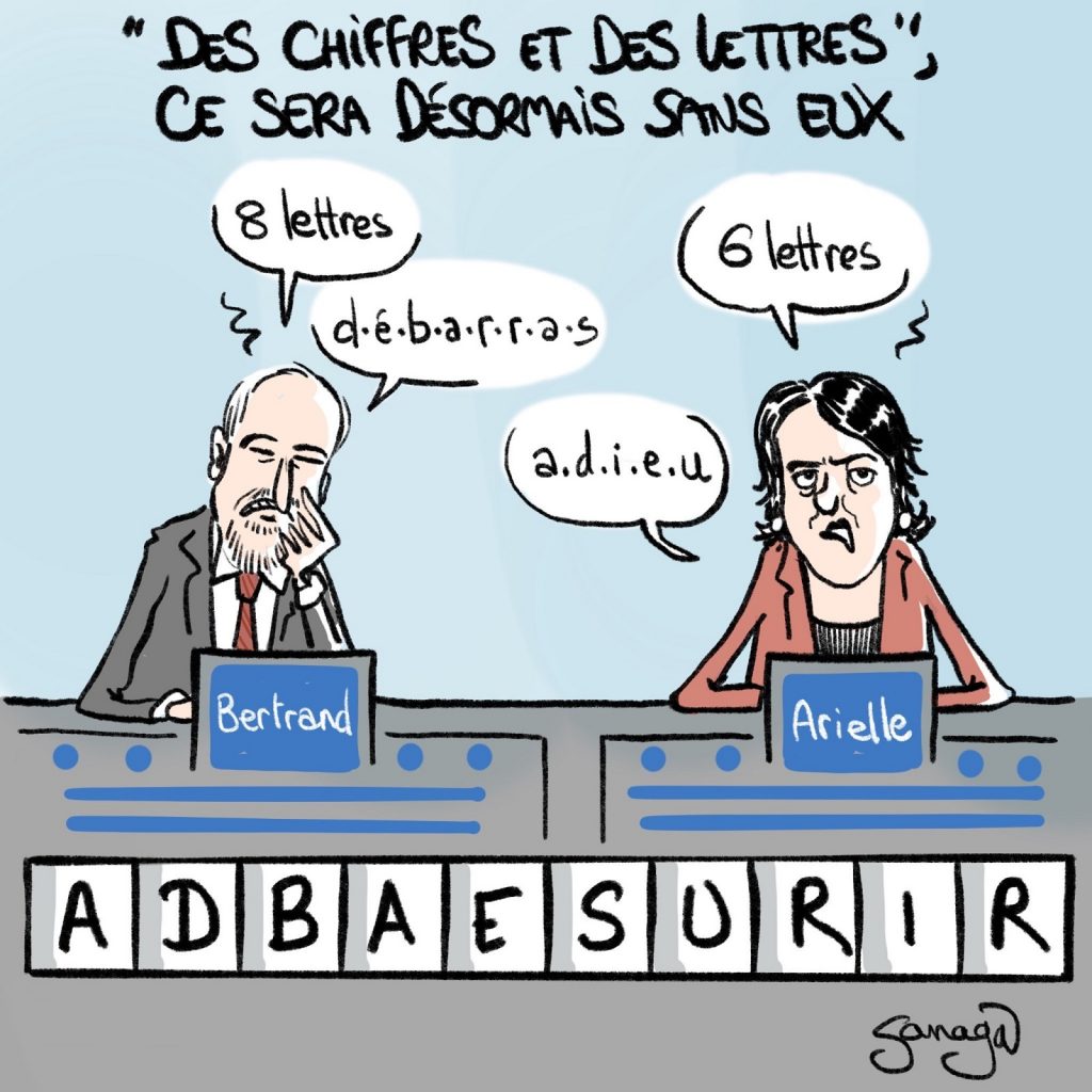 dessin presse humour Des chiffres et des lettres image drôle départ Bertrand Renard Arielle Boulin-Prat