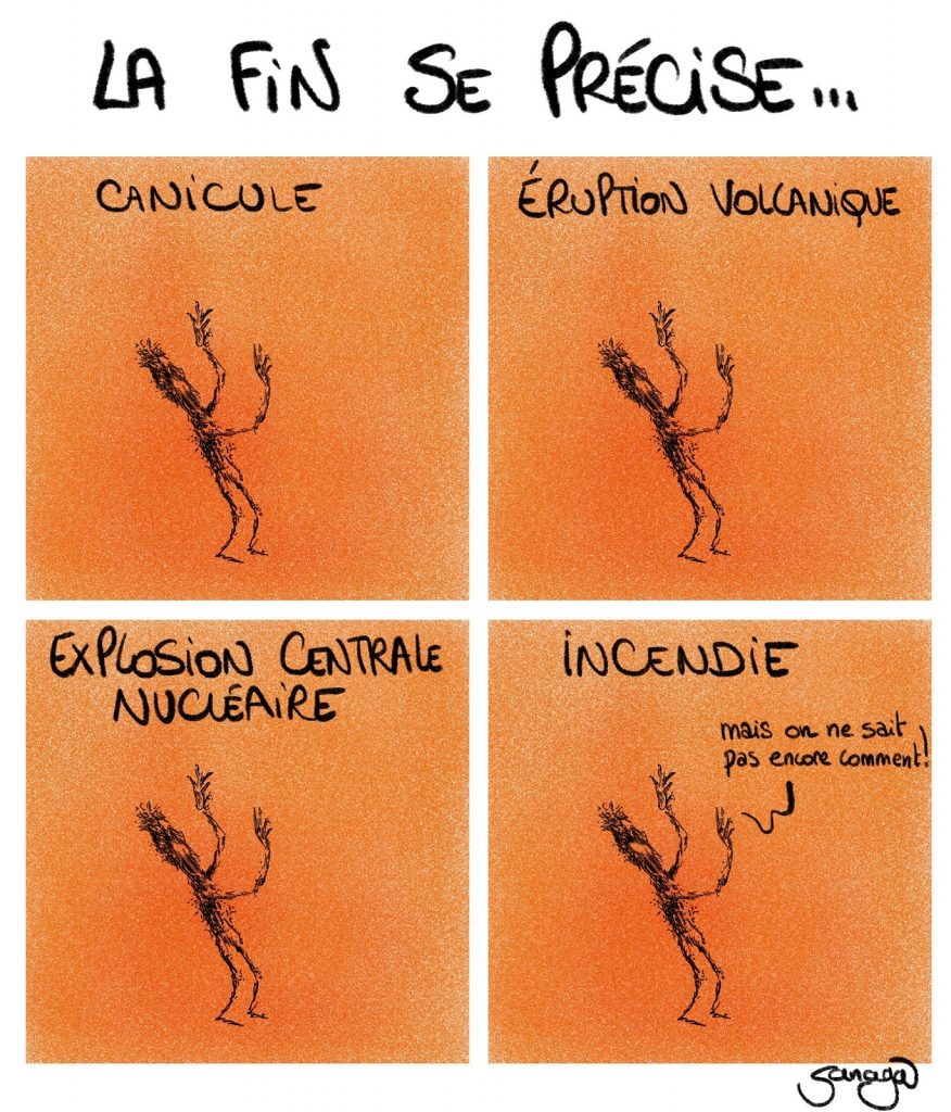 dessin presse humour fin du monde image drôle canicule nucléaire incendie éruption