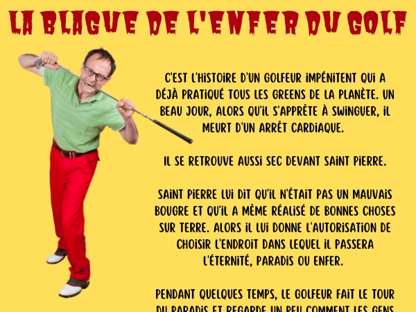 blague golf, blague golfeur, blague enfer, blague Satan, blague balles, blague terrain de golf, blague green, humour drôle