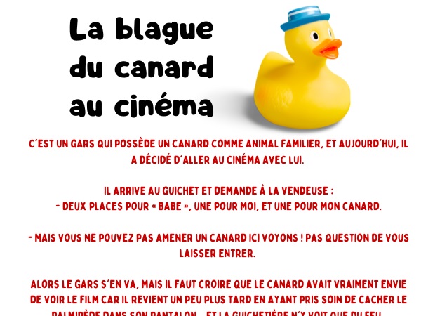 blague palmipède, blague cinéma, blague canard, blague pantalon, blague popcorn, blague exhibitionnisme, humour drôle