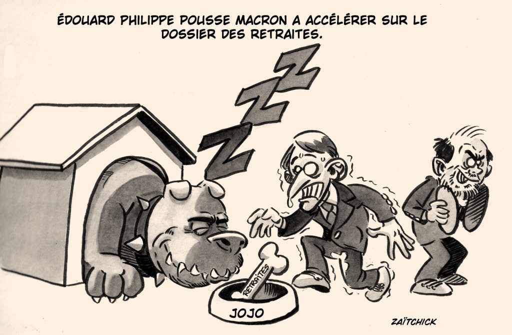 dessin presse humour Emmanuel Macron image drôle Édouard Philippe réforme retraites