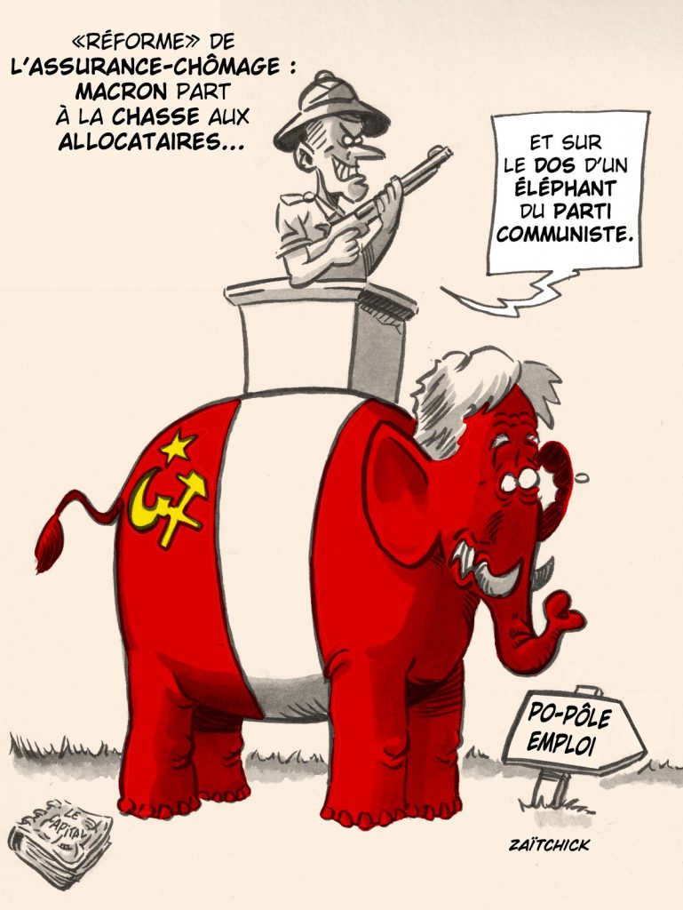 dessin presse humour Emmanuel Macron Fabien Roussel image drôle réforme assurance-chômage