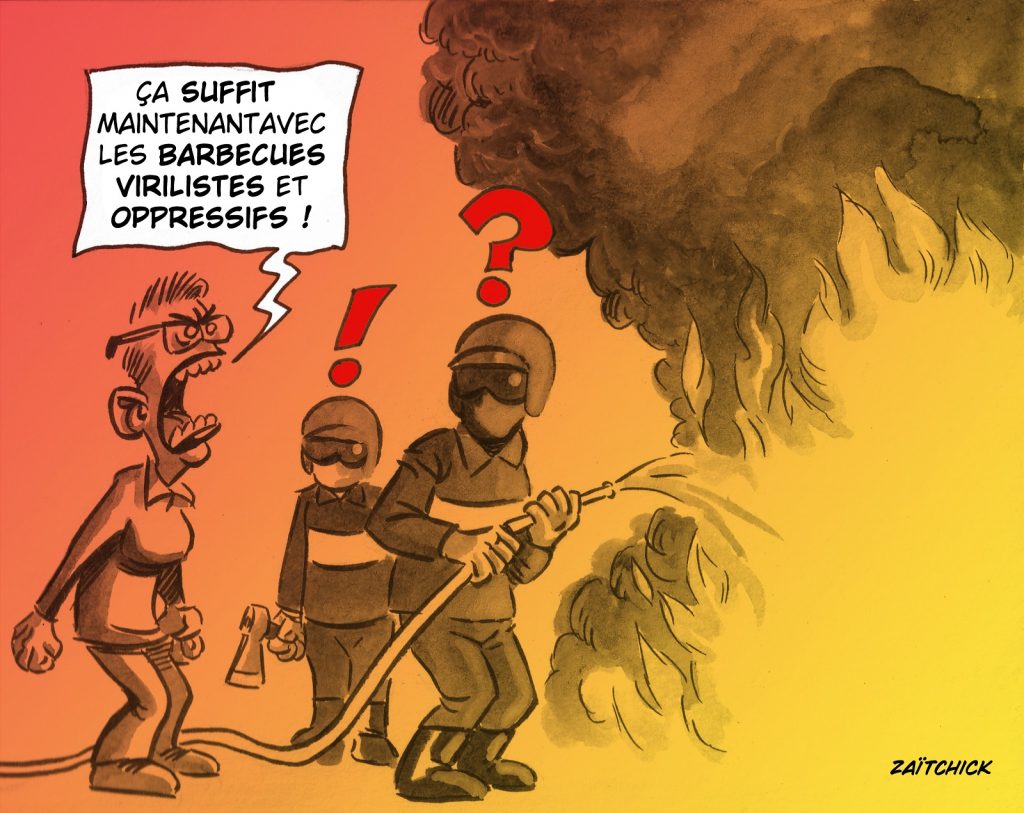 dessin presse humour Sandrine Rousseau image drôle barbecue virilisme