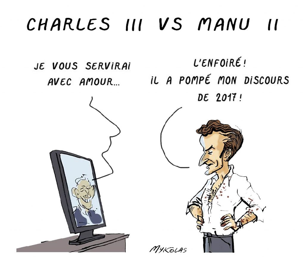 dessin presse humour Emmanuel Macron image drôle Charles III