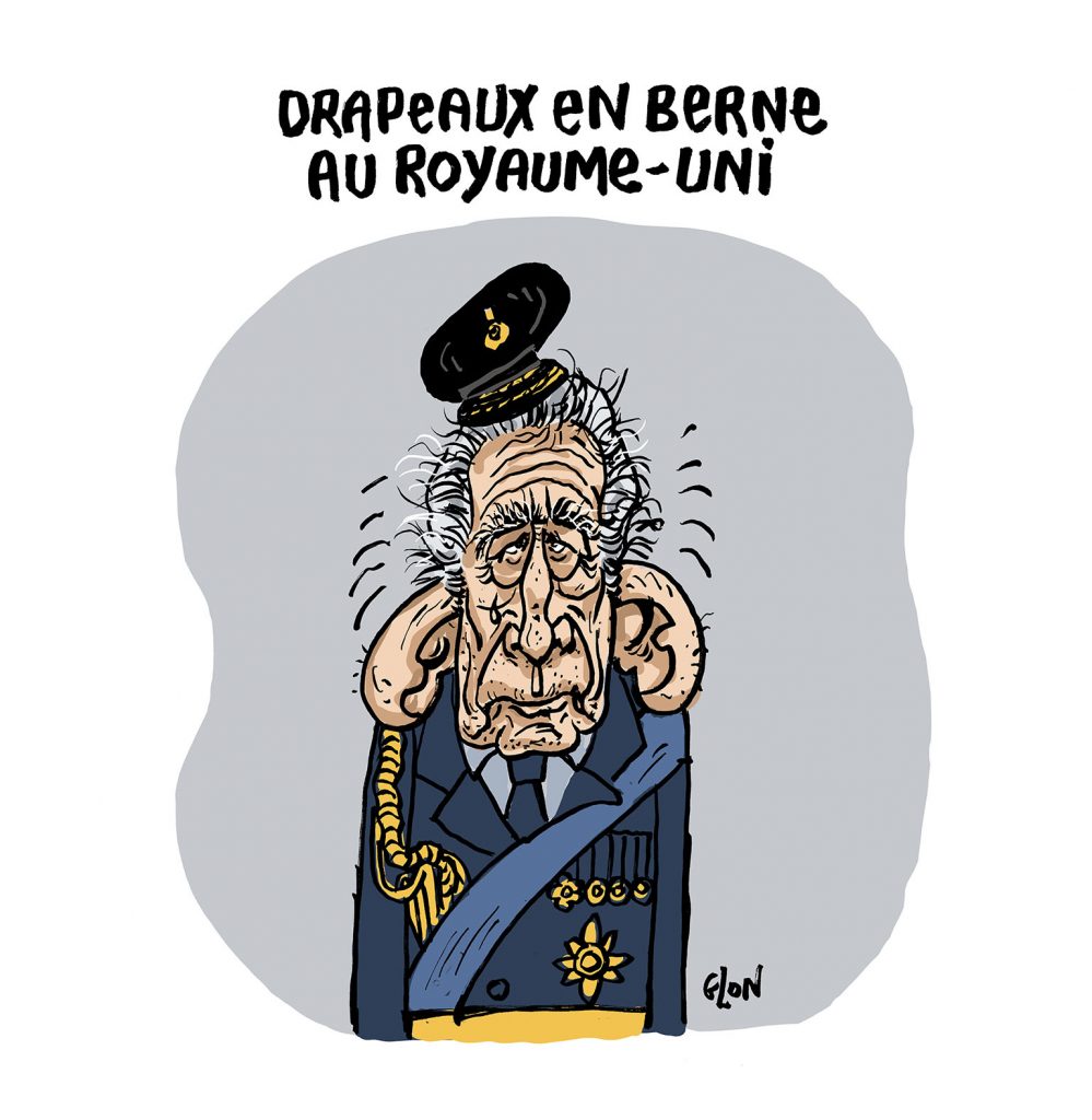 dessin presse humour Charles III image drôle drapeaux berne Angleterre