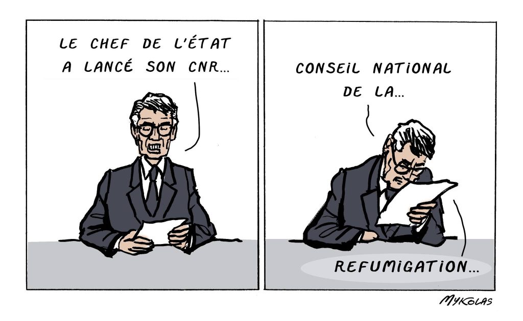 dessin presse humour Emmanuel Macron CNR image drôle Conseil National Refondation