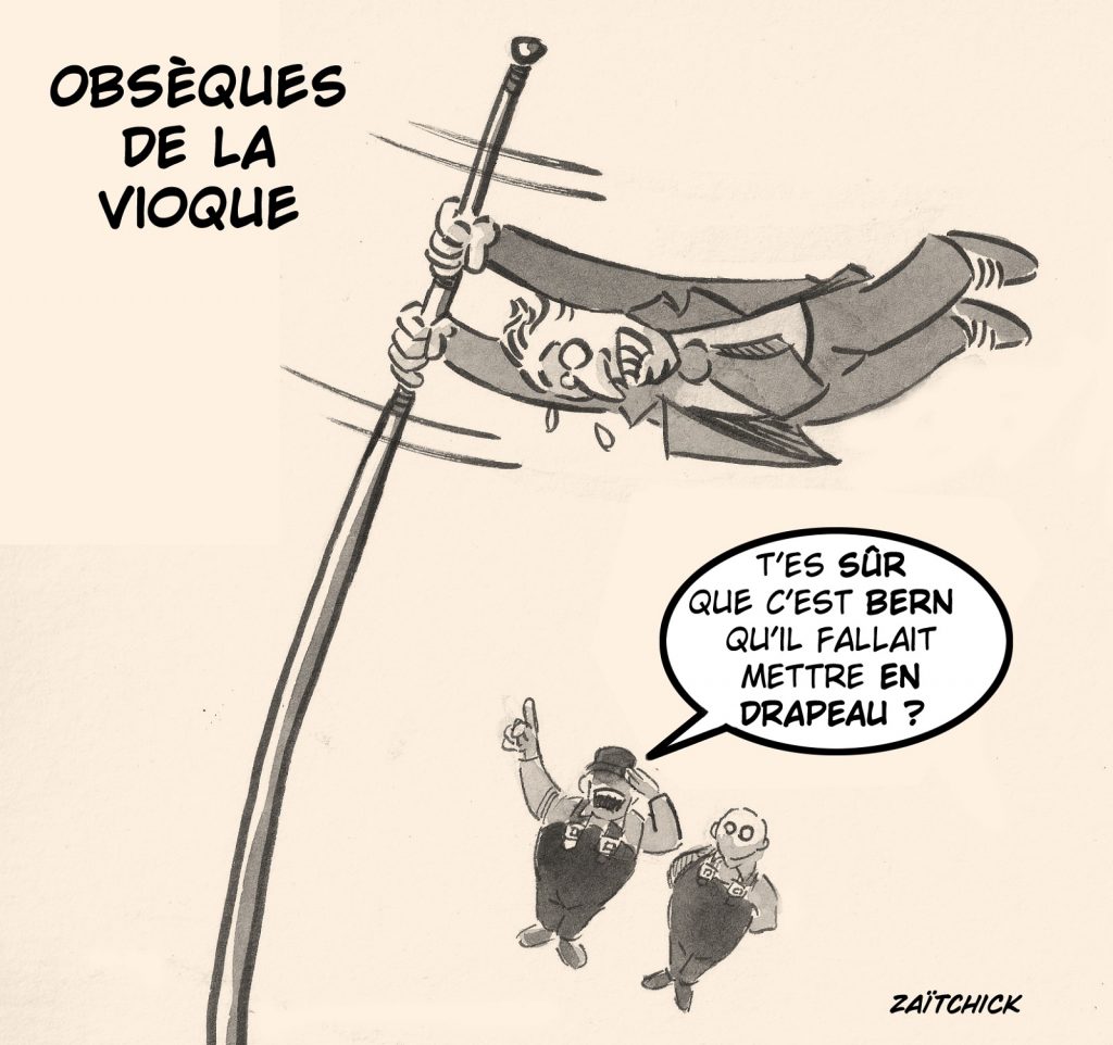 dessin presse humour obsèques Élizabeth II image drôle drapeaux berne Stéphane Bern
