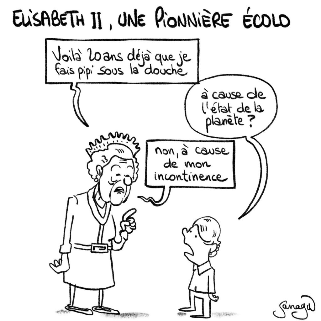 dessin presse humour Élizabeth II image drôle pipi douche