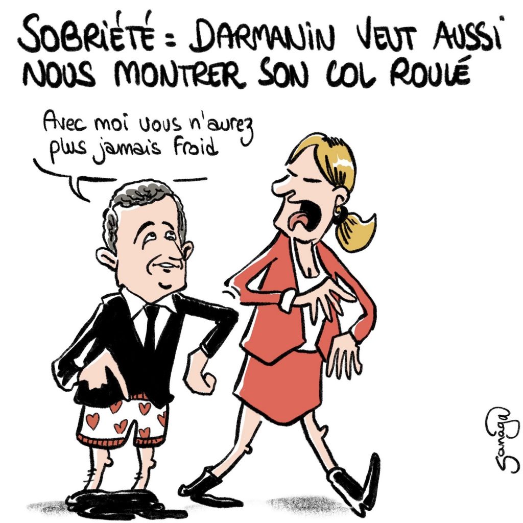 dessin presse humour sobriété col roulé image drôle Gérald Darmanin