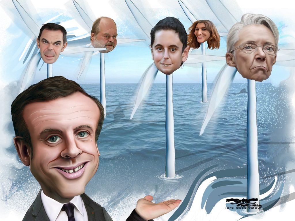 dessin presse humour Emmanuel Macron image drôle inauguration parc éolien Saint-Nazaire