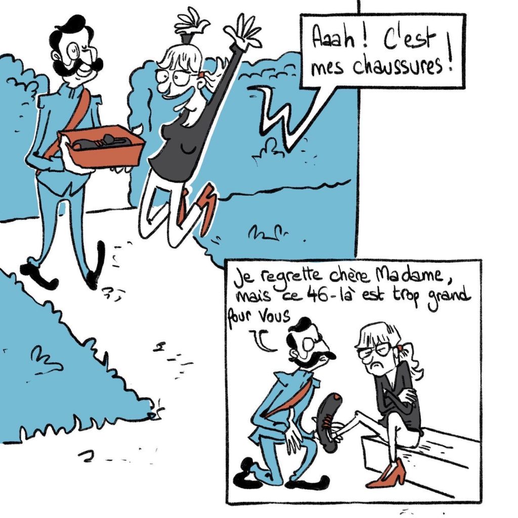 dessin humour politique du jour, dessin d’actualité, Sanaga, blague quarantenaire, blague sport, blague course, blague chaussure, blague Cendrillon, blague running, blague baskets