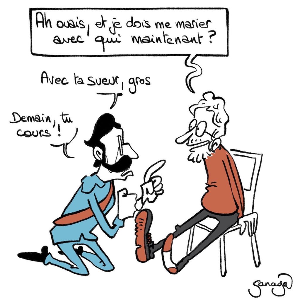 dessin humour politique du jour, dessin d’actualité, Sanaga, blague quarantenaire, blague sport, blague course, blague chaussure, blague Cendrillon, blague running, blague baskets