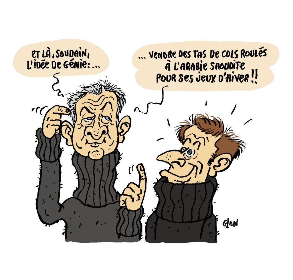 dessin presse humour Bruno Le Maire col roulé image drôle Emmanuel Macron Arabie Saoudite