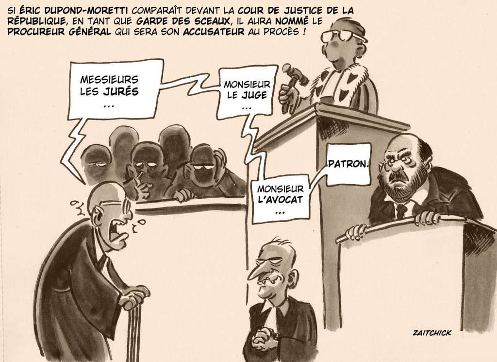 dessin presse humour Éric Dupond-Moretti image drôle comparution Cour Justice République