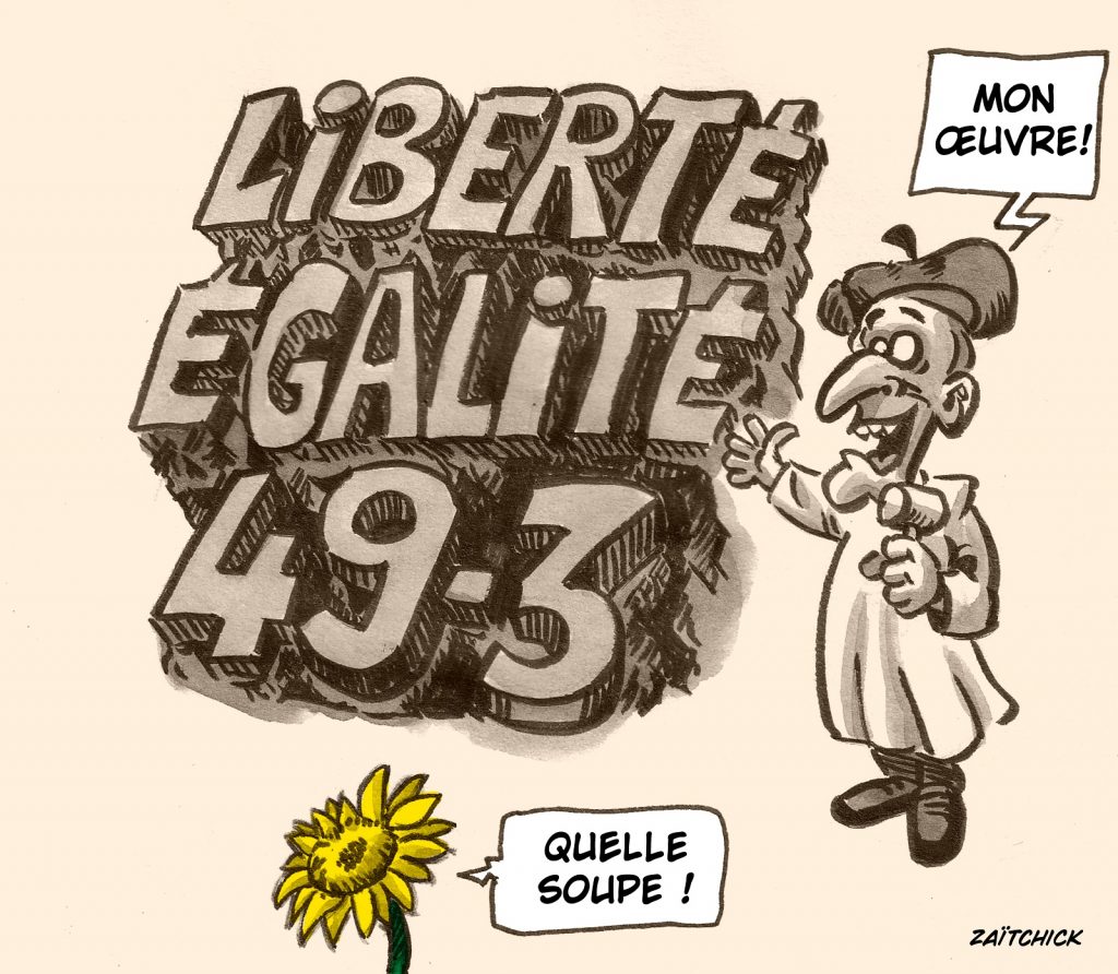 dessin presse humour article 49.3 image drôle Emmanuel Macron