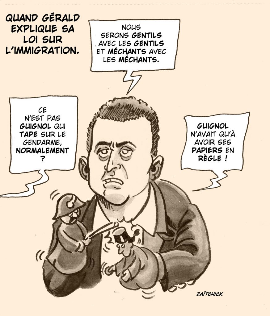 dessin presse humour Gérald Darmanin image drôle loi immigration