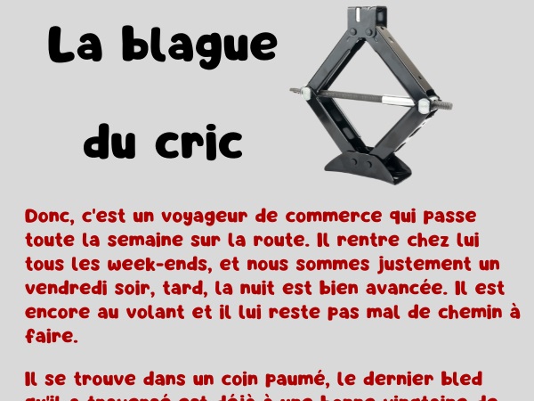 blague représentant de commerce, blague garagiste, blague crevaison, blague cric, blague tarif, blague roue de secours, humour drôle