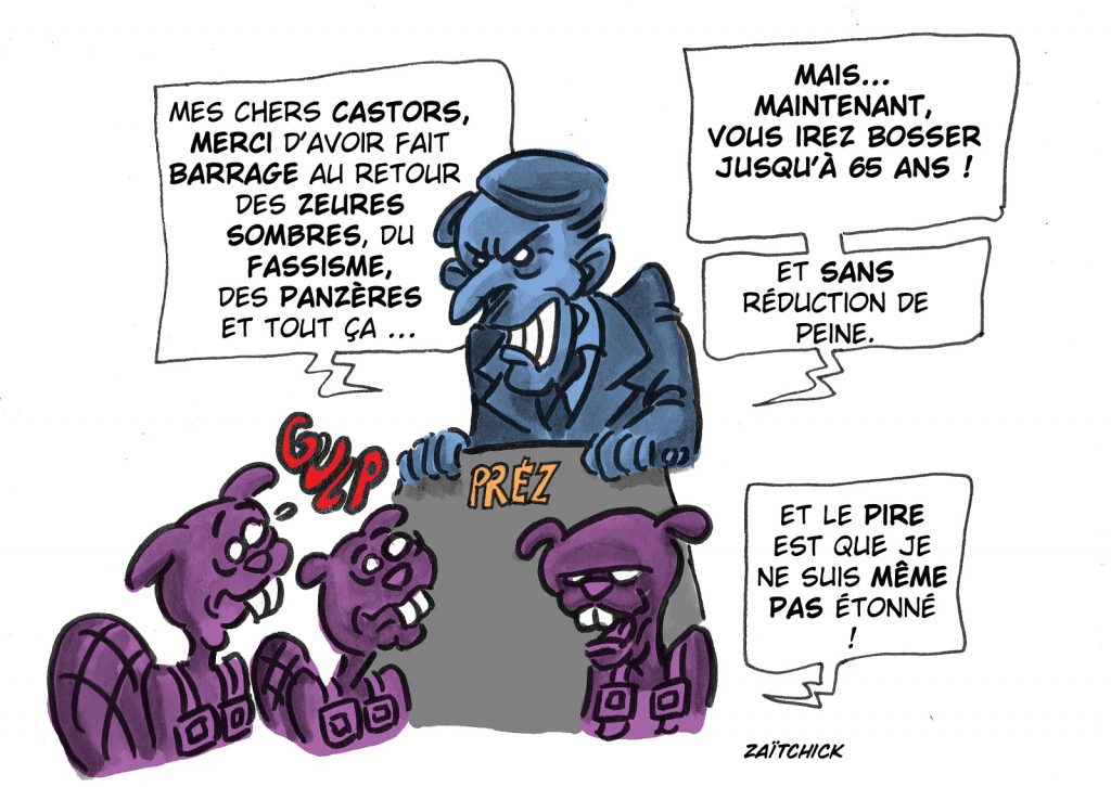 dessin presse humour Emmanuel Macron image drôle retraite 65 ans