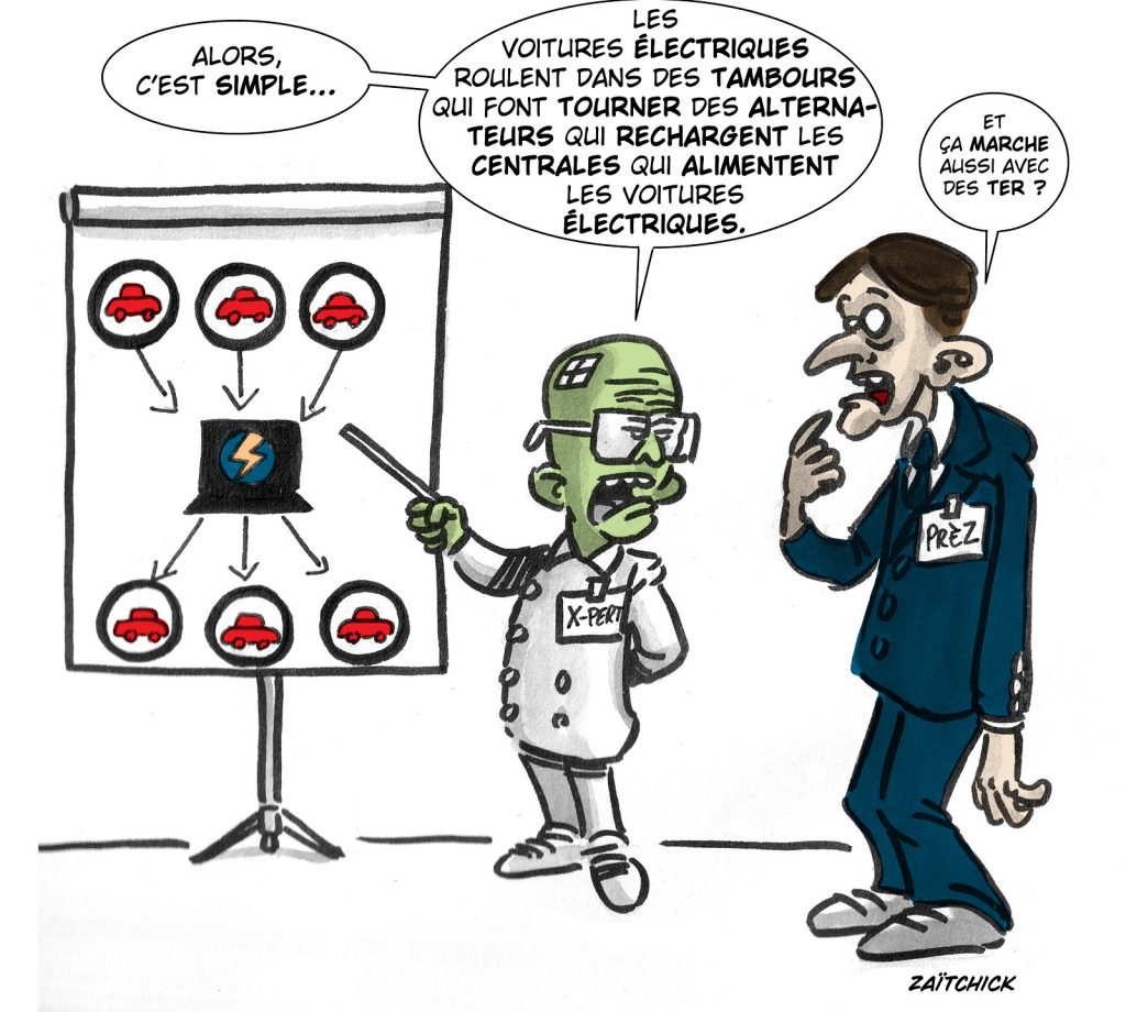 dessin presse humour Emmanuel Macron image drôle voitures électriques TER