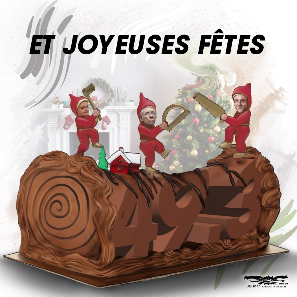 dessin presse humour fêtes Noël image drôle article 49.3 gouvernement