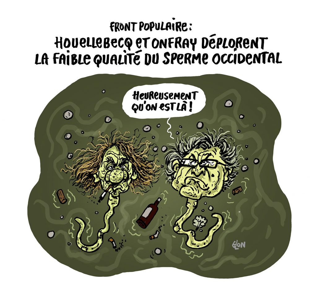 dessin presse humour Houellebecq Onfray image drôle sperme occidental