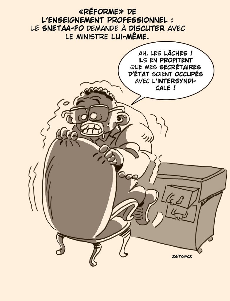 dessin presse humour Pap Ndiaye image drôle réforme enseignement professionnel