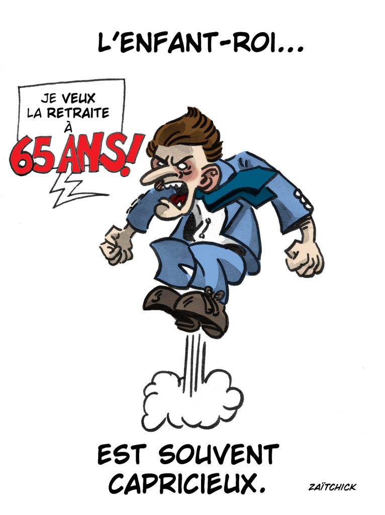 dessin presse humour Emmanuel Macron image drôle retraite à 65 ans