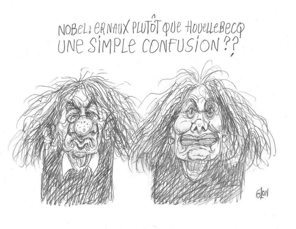 dessin presse humour Annie Ernaux Michel Houellebecq image drôle prix Nobel littérature