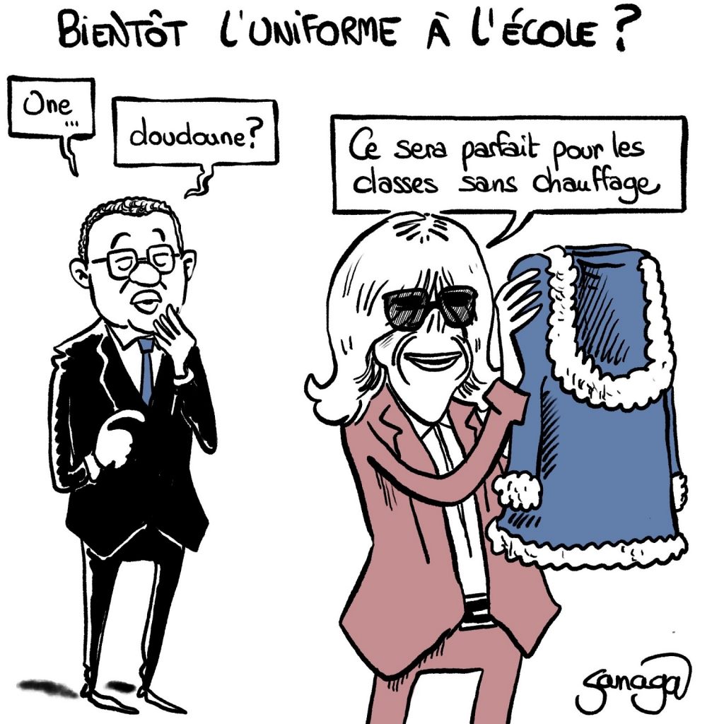dessin presse humour uniforme école image drôle Brigitte Macron