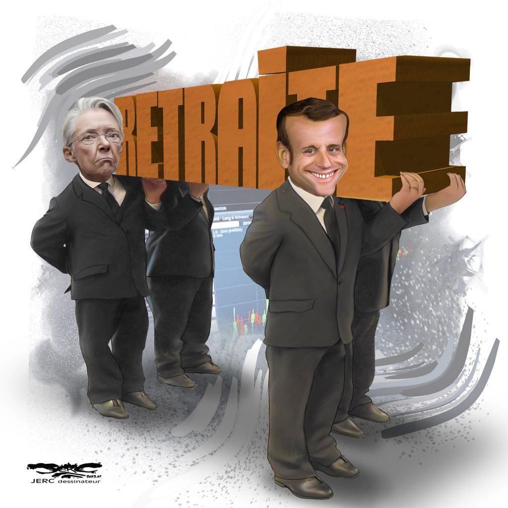 dessin presse humour réforme des retraites image drôle Emmanuel Macron Élisabeth Borne