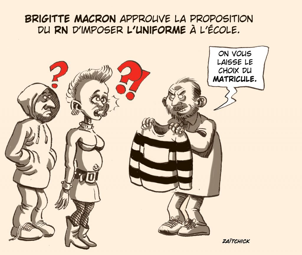 dessin presse humour Brigitte Macron image drôle uniforme école