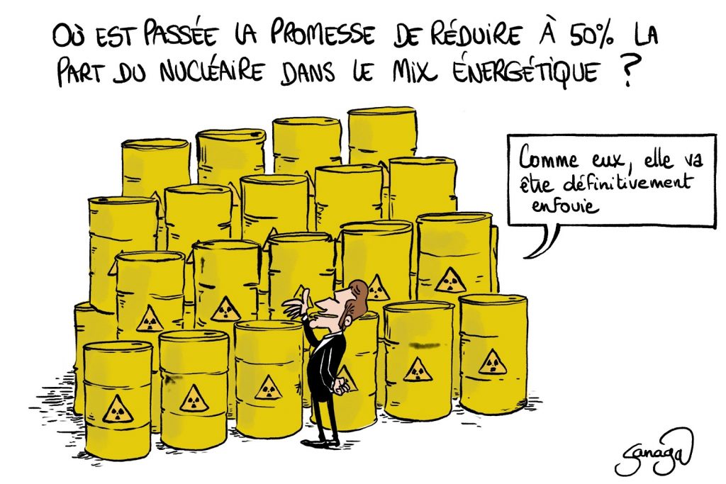 dessin presse humour Emmanuel Macron promesse image drôle réduction nucléaire