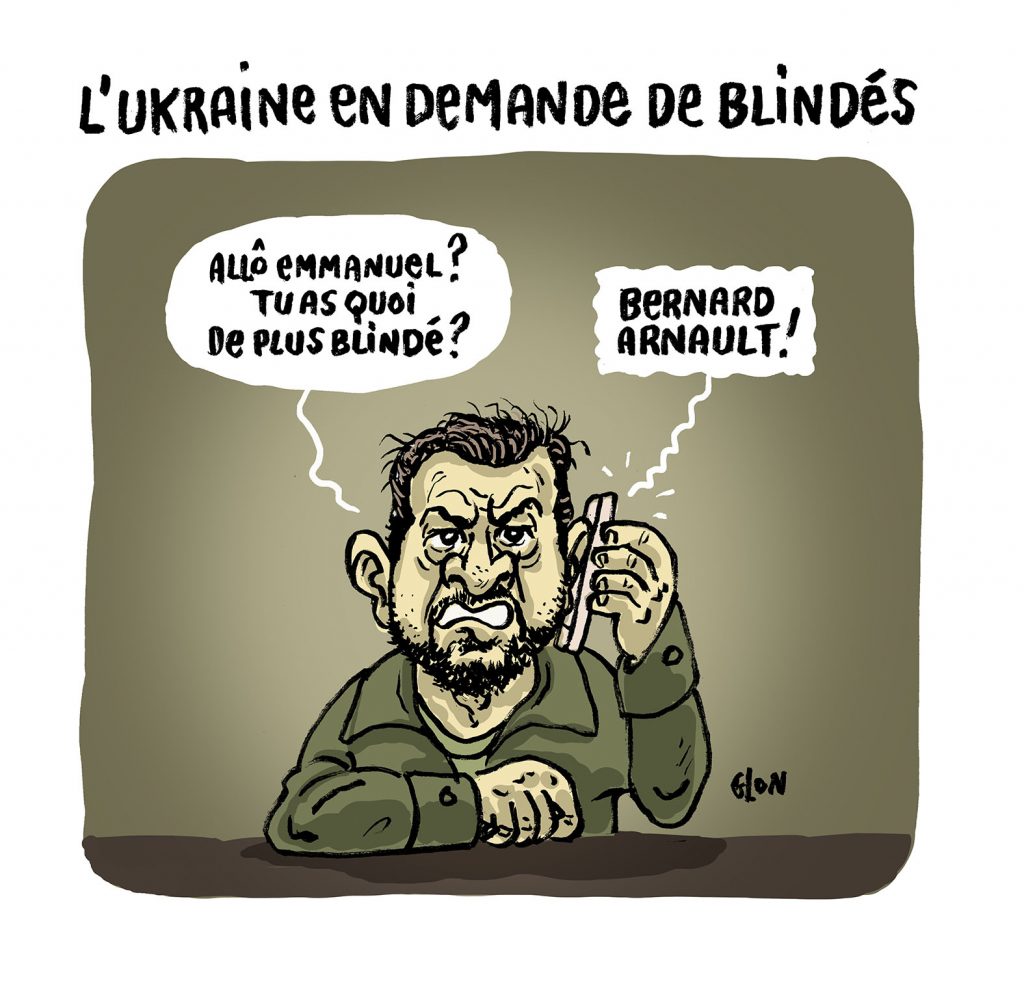 dessin presse humour Volodymyr Zelensky image drôle demande blindés