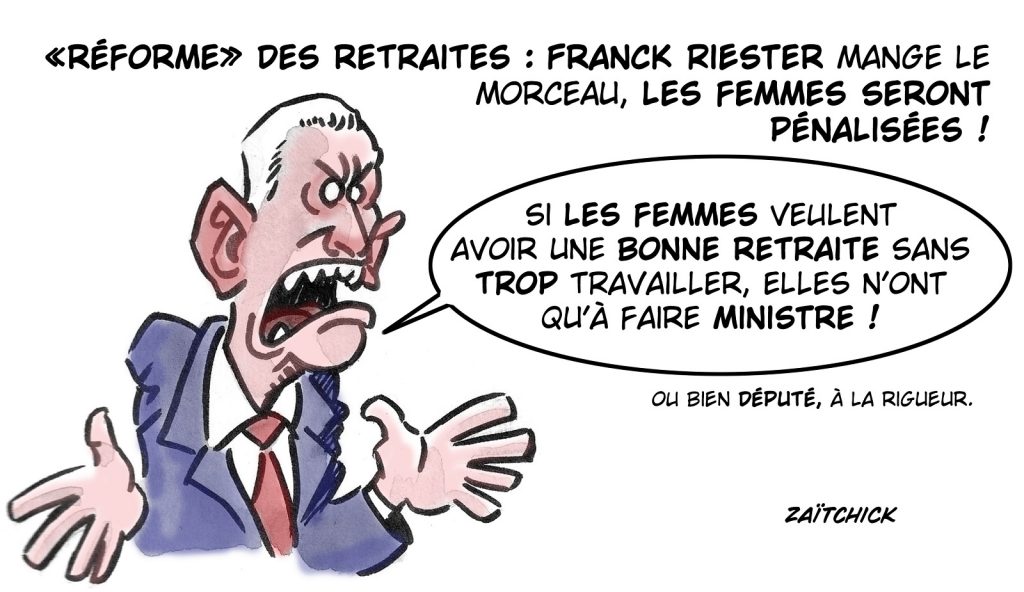 dessin presse humour Franck Riester image drôle femmes réforme des retraites
